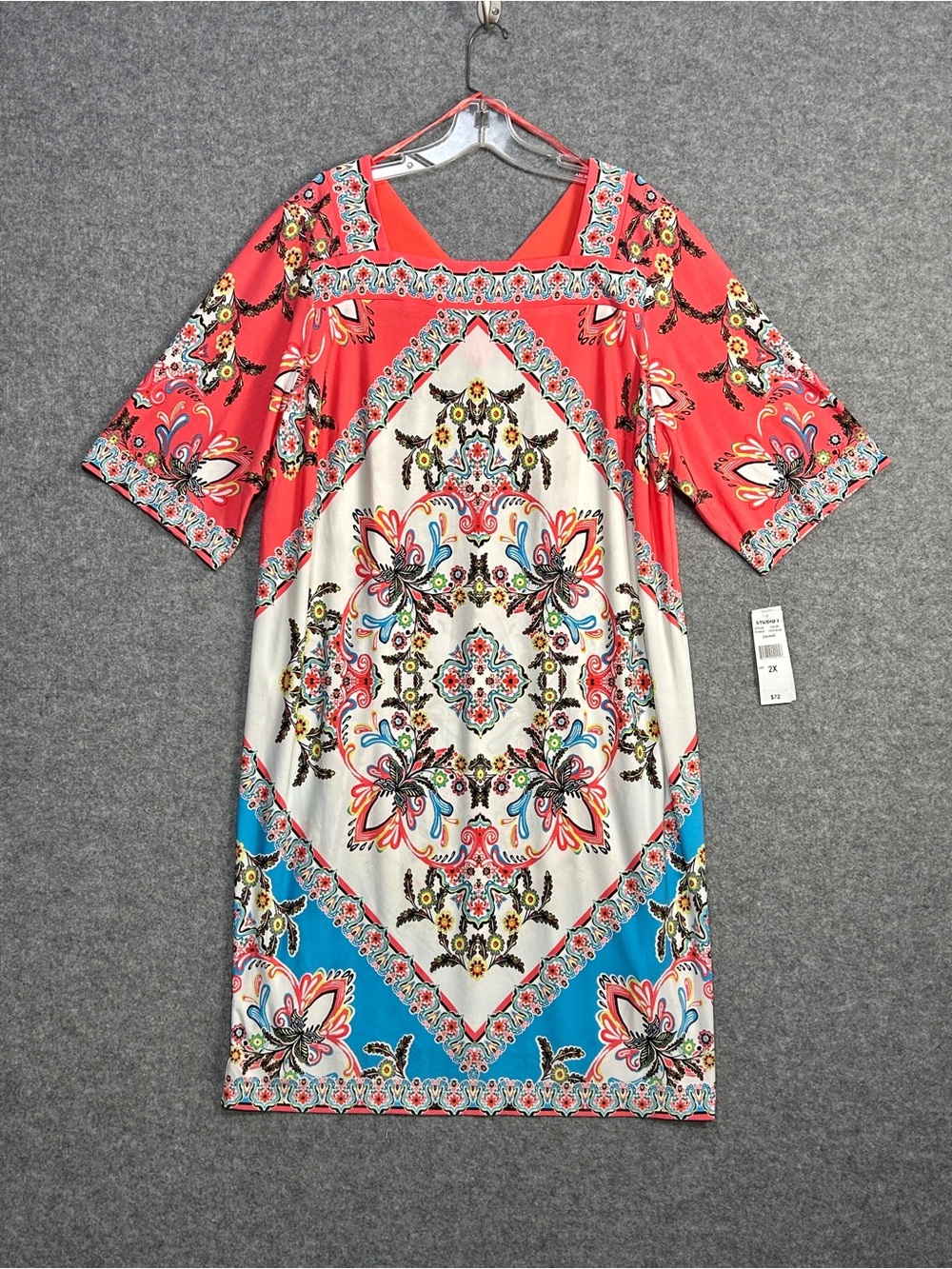 Studio One NY 2X Coral Turquoise Mosaic Dress Tile Art Boho-Chic Resortwear New